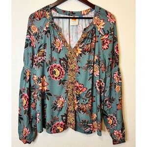 FARM RIO Anthropologie Teal Green Paola Floral Peasant Blouse/Top Boho Women's M